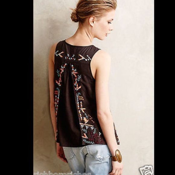 Anthropologie brown tassel fringe embroider Top - Picture 3 of 4
